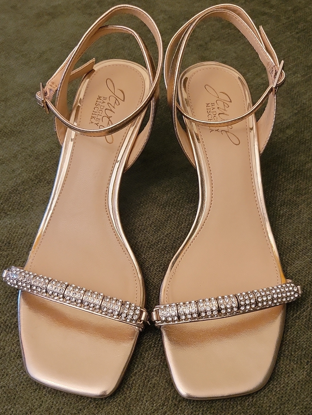 Jewel Badgley Mischka Gold Penny Crystal Embellished Ankle Strap Heels 5.5